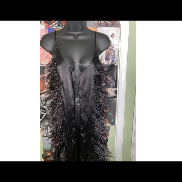 Black Fab Luxe Satin Ostrich Feather Open Front Duster Top - Picture 7 of 7